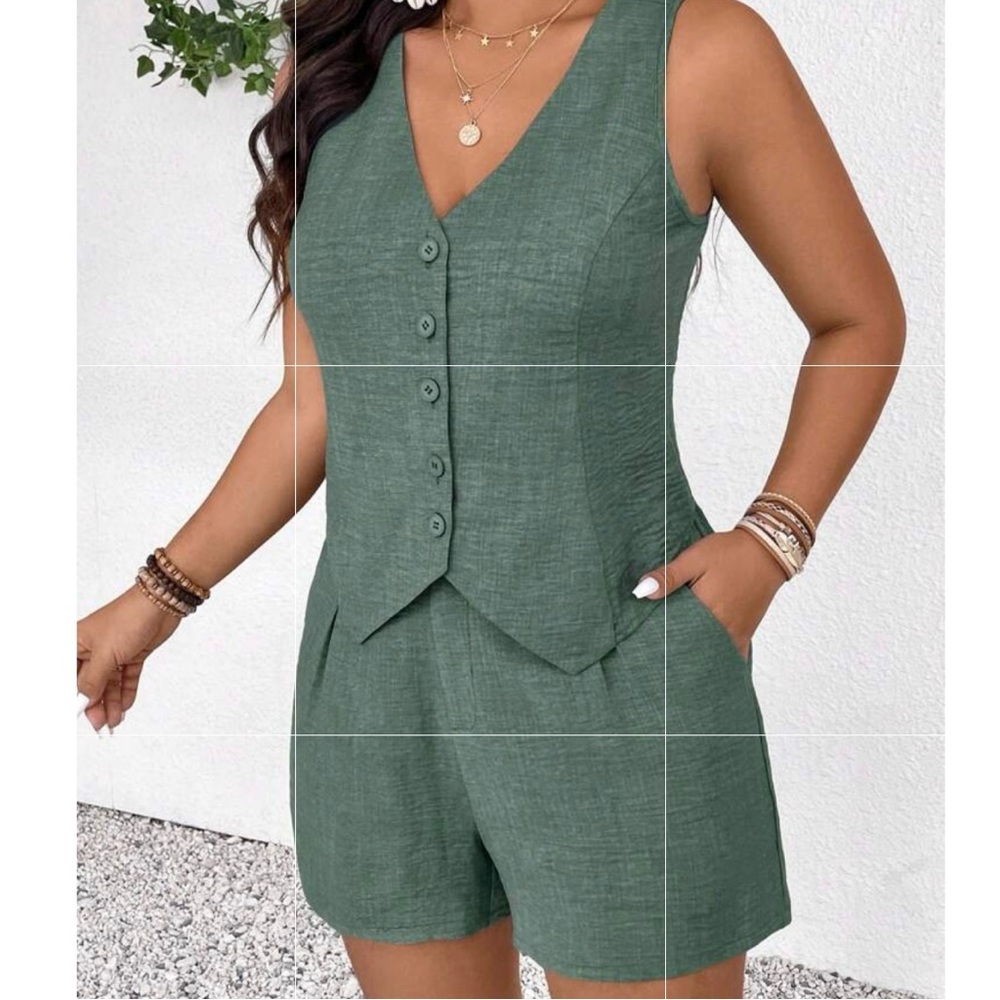 SHEIN Green Linen-Look Button Vest & Shorts Set